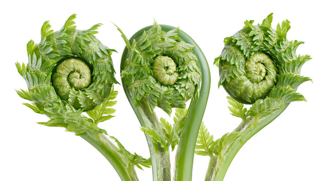 Three green fern fiddleheads unfurling with delicate fronds