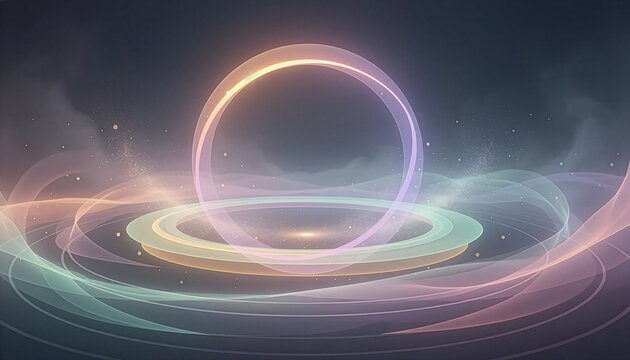 Futuristic cosmic ring vortex of glowing light on dark abstract space background 暗い抽象的な宇宙空間に浮かぶ光り輝く未来的なコズミックリングのイラスト素材