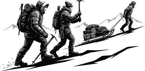 Arctic expedition mountaineers with sled and climbing gear silhouette vector © Nurcreator