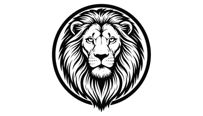Obraz premium Powerful lion head is enclosed in a circular border in this detailed black and white logo or heraldic emblem.