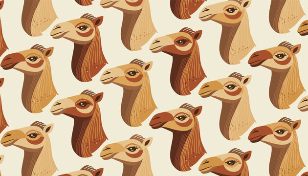 Vibrant seamless pattern of camel heads in warm brown and tan tones repeated across a light cream background in a flat design style.