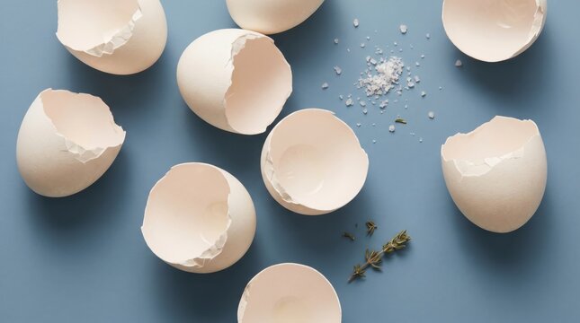 Top view of broken white eggshell halves scattered on a soft blue background with sea salt and thyme