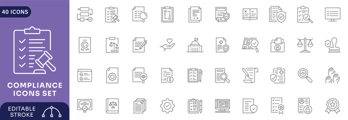 Compliance line icon set. Contain icons related to compliance, regulatory, governance, corporate, transparency, regulations Etc. Fully Editable. Vector illustration. © siyannlum