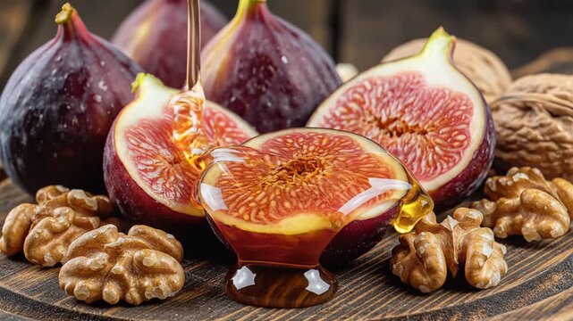 Ripe fresh fig halved with sweet syrup pouring over and whole walnuts scattered on rustic wooden surface healthy food concept