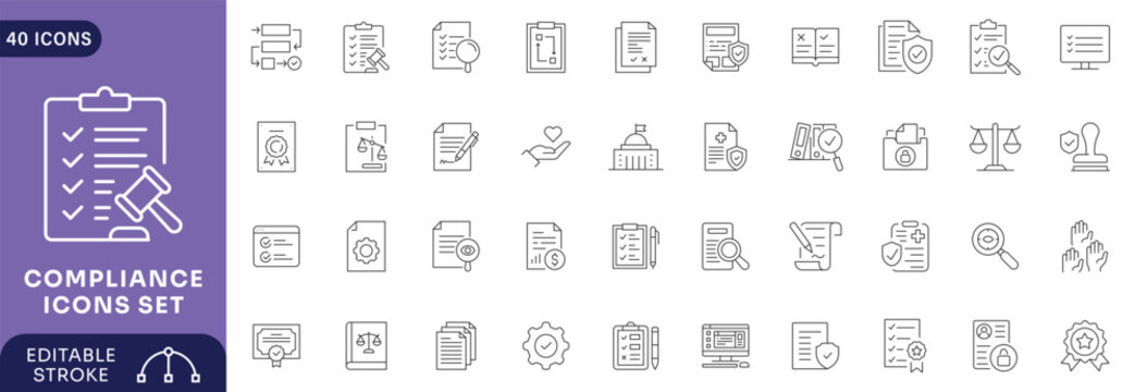 Compliance line icon set. Contain icons related to compliance, regulatory, governance, corporate, transparency, regulations Etc. Fully Editable. Vector illustration.