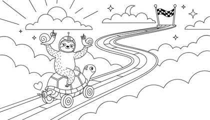 Fototapeta premium Whimsical coloring page showing a sloth wearing a helmet riding a turtle race car along a winding track towards the finish line.