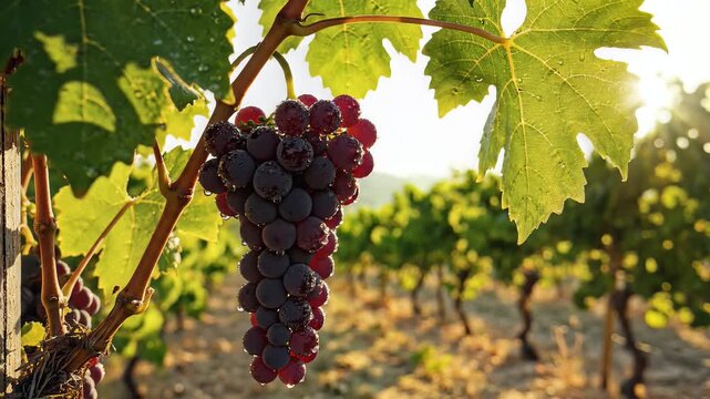 Ripe grape cluster on vine with vineyard rows and sunlight