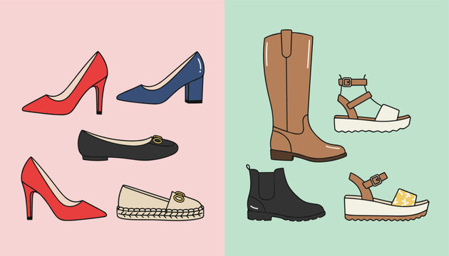 Collection of stylish women shoes including high heels pumps boots flats and sandals presented in a colorful flat illustration layout.