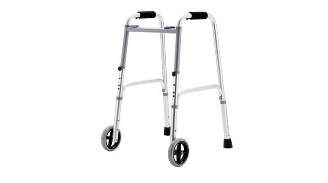 Adjustable aluminum walker with wheels and black grips