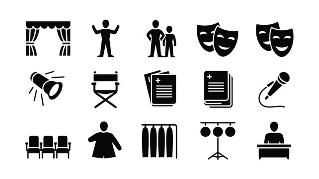 Set of 15 Black Theater and Stage Production Icons Vector