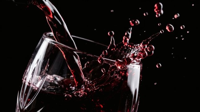 Red wine poured into glass with splashing effect