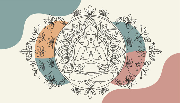 Serene woman practicing yoga in a lotus position inside a complex floral mandala design with soft pastel color accents.