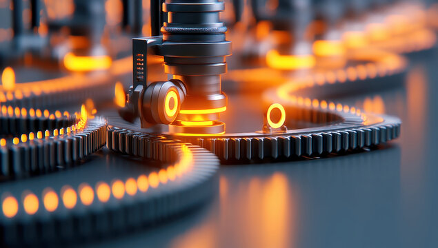 Intricate metallic gears and a robotic arm interact, glowing with warm orange light, creating a futuristic industrial scene