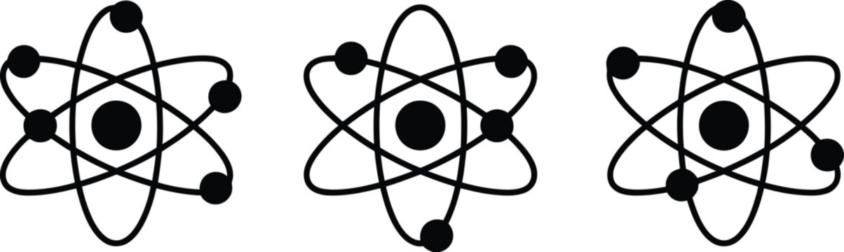 Atom icons set, atomic structure symbols and molecule science illustrations in clean modern vector design.