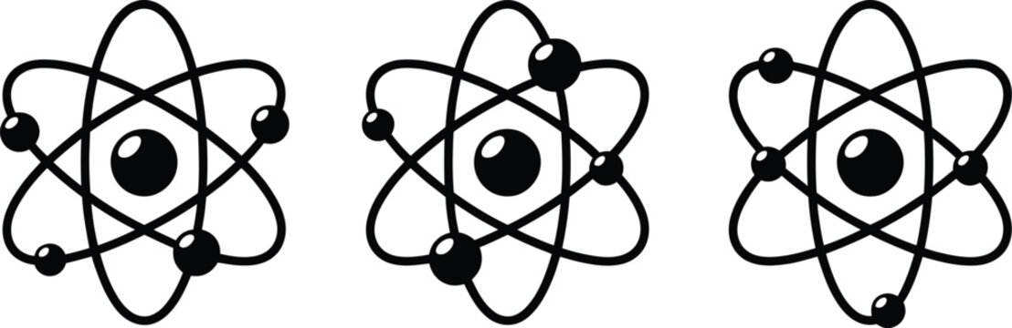 Atom icons set, nuclear energy and atomic structure symbols with science molecule elements for education and research concepts.