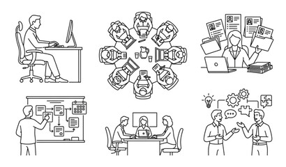 Obraz premium Minimal Business Team and Office Management Line Icons Collection for Corporate Workflow Design