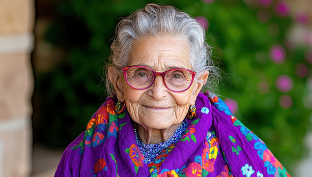 Smiling elderly woman with gray hair, wearing glasses and a vibrant purple embroidered shawl