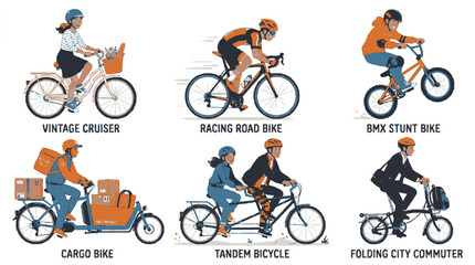 Naklejka premium Set of diverse people riding various types of bicycles in flat vector illustration style