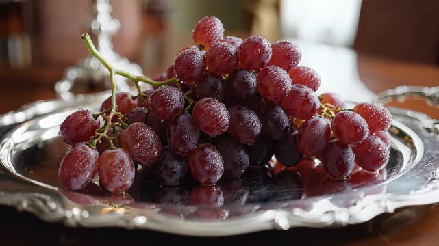 Ripe red grapes served on ornate silver platter with soft bokeh background suitable for culinary themes