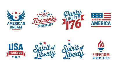 Fototapeta premium Patriotic USA Typography Vector Emblems Set for Independence Day Apparel and T-Shirt Design