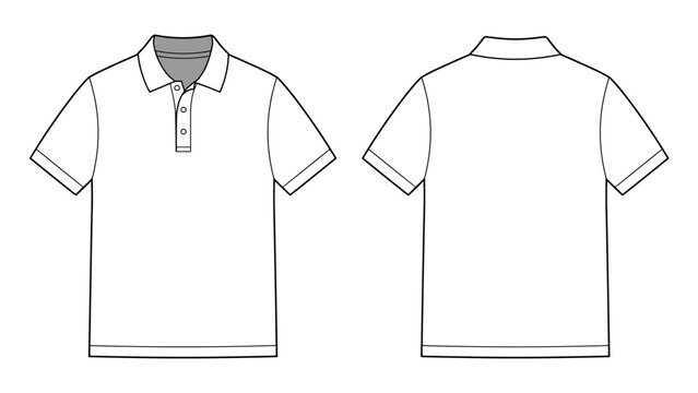 Polo Short Sleeve Button Collared Flat Technical Drawing Illustration Blank Mock-up Template for Design and Tech Packs CAD Technical Sketch