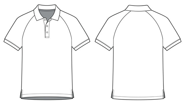 Polo Short Raglan Sleeve Collared Flat Technical Drawing Illustration Blank Mock-up Template for Design and Tech Packs CAD Technical Sketch