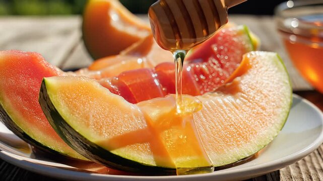 Sweet honey drizzling onto juicy cantaloupe slices on a plate outdoors