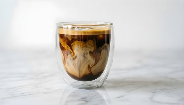 Close-up of a double-walled glass showcasing swirling coffee with cream