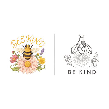 Bee kind illustrations with flowers and bee designs isolated on transparent background