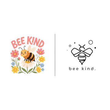 Bee kind inspirational quotes and cute bee illustrations on white isolated on transparent background