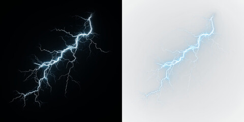 Blue and white lightning bolt striking from a cloud during a storm in the evening sky, light overlay, PNG © Liubov