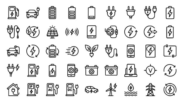 Charging Line Icons Set with EV Battery Power and Energy Outline Symbols
