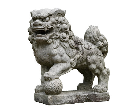 魔除けの縁起物・石造りのシーサー（狛犬・獅子像）の切り抜き素材 / Stone Shisa Guardian Lion Statue Isolated on White Background