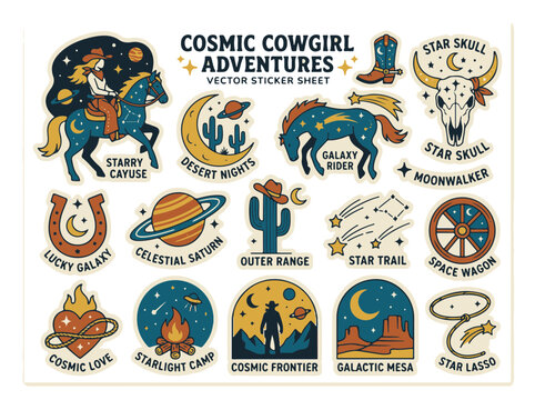 Cosmic Cowgirl Adventures Vector Sticker Sheet with Celestial Western Illustrations