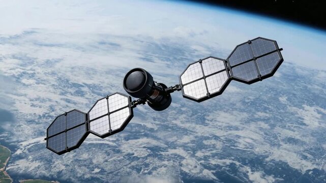 Satellite Orbiting Earth in Space View From Atmosphere