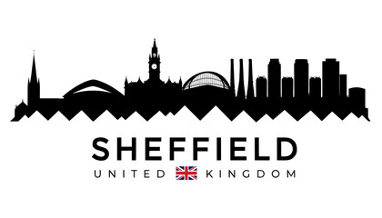 Fototapeta premium Vector illustration of Sheffield skyline in black silhouette, with “SHEFFIELD” text, on white background, modern city identity and tourism design