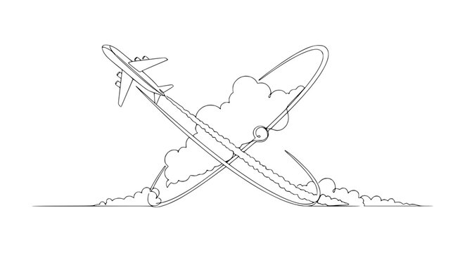 Airplane Flying Through Clouds with Orbiting Trail - Line Art