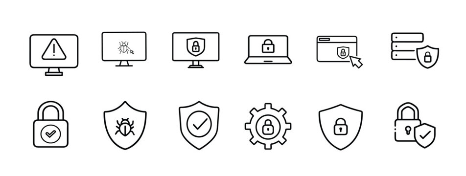 Cyber security data protection privacy web line icons set monitor alert computer virus shield lock laptop browser protection & more vector illustration with editable stroke