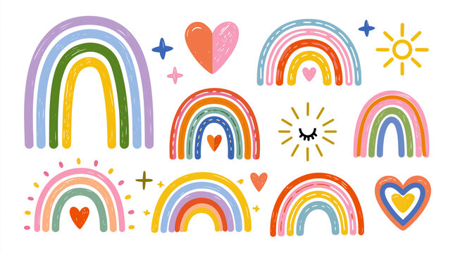 Minimal hand drawn rainbow icons and positive symbols on white background showcasing uplifting inclusive design and cheerful stationery concept
