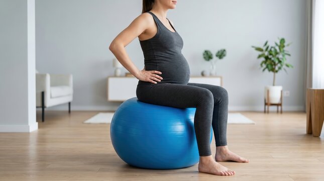 Pregnant woman on fitness ball, maintaining health and wellness during pregnancy