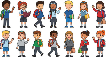Diverse school children in uniforms set, 14 multicultural students with backpacks and books, elementary pupils vector illustration © Sabiha Mahbuba Santa