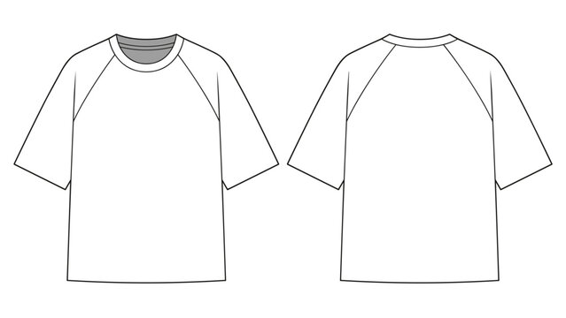 Raglan sleeve overfit tee shirt fashion flat technical drawing template. Sporty raglan t-shirt fashion CAD, front and back view, transparent background.