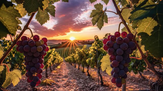 Vineyard landscape with ripe grape clusters at sunset golden hour dramatic sky agricultural field rows of vine plants