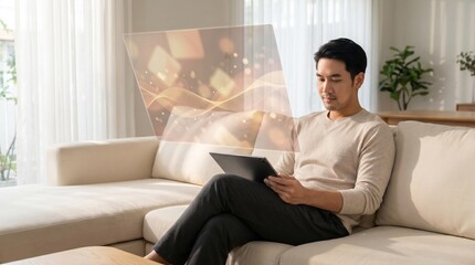 Obraz premium Man Relaxing With AiPaper Tablet