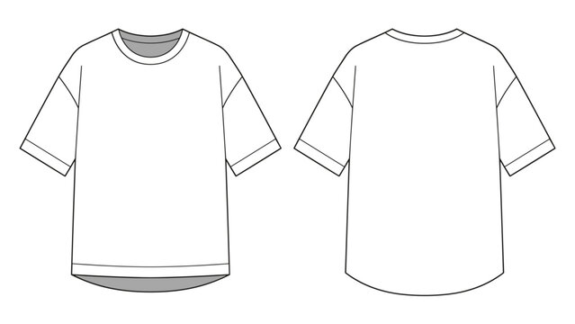 Curved hem overfit tee shirt fashion flat technical drawing template. Scooped bottom t-shirt fashion CAD, front and back view, transparent background.