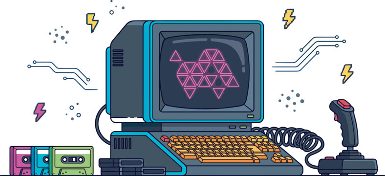 Retro 80s gaming computer station with classic monitor vintage joystick yellow keyboard audio cassettes and neon screen graphic flat vector illustration