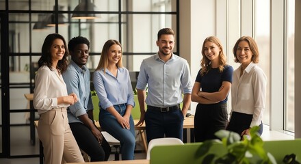 Obraz premium Diverse Smiling Professionals in a Modern Office Team Setting