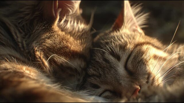 Two adorable cats sleeping peacefully together in warm sunlight.