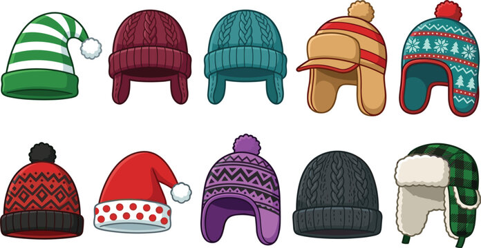 Winter Hat Vector Collection Featuring Knitted Beanies Trapper Hats Ushanka Styles and Santa Claus Caps with Festive Holiday Patterns for Graphic Designs