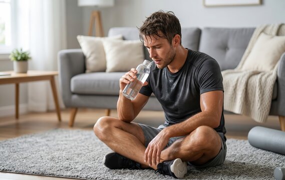 Athletic Man Resting and Rehydrating After Home Workout Sitting on Living Room Rug